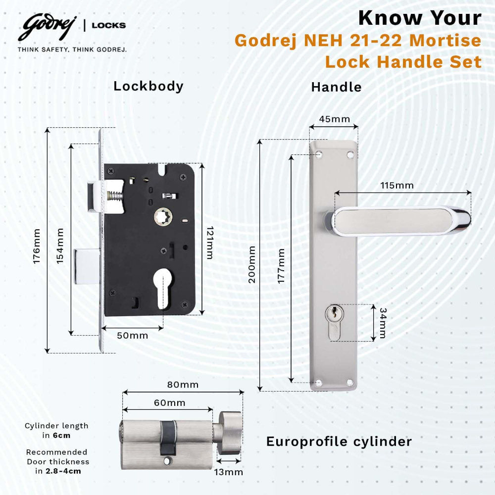 Godrej Mortise Lock|Handle Lock Set for Main & Internal Door of Home & Offices|NEH 21|Satin Steel Finish|8 inch Lockbody|60 mm Cylinder Key from Outside knob from Inside with 3 Keys|5 Years Warranty